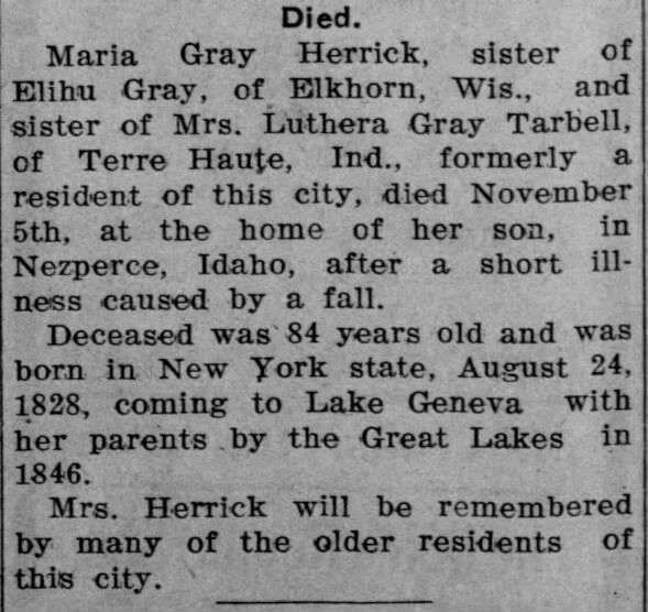 Obituary for Maria Gray Herrick (Aged 84)